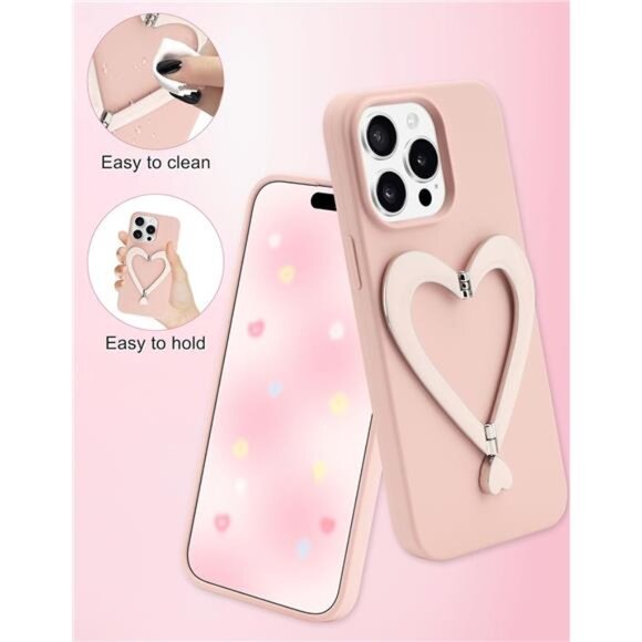 Ip 16 15 14 Pink 3D Heart Slim Silicone Phone Case w/ Kickstand - Picture 4 of 6